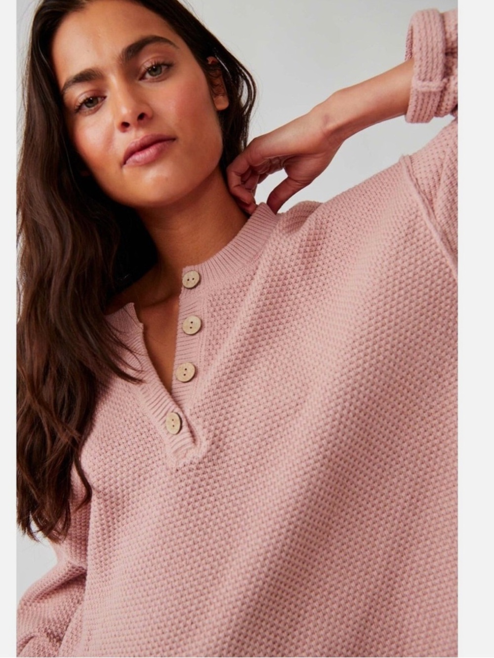 Women's Pink V-Neck Button Pullover Sweater